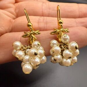 Gold Tone and Faux Pearl Cluster Dangle Earrings Classic